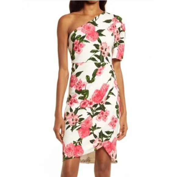 NWT Chelsea28 Floral One‎ Shoulder Puff Sleeve Form Fitting Mini Dress S - Picture 1 of 13